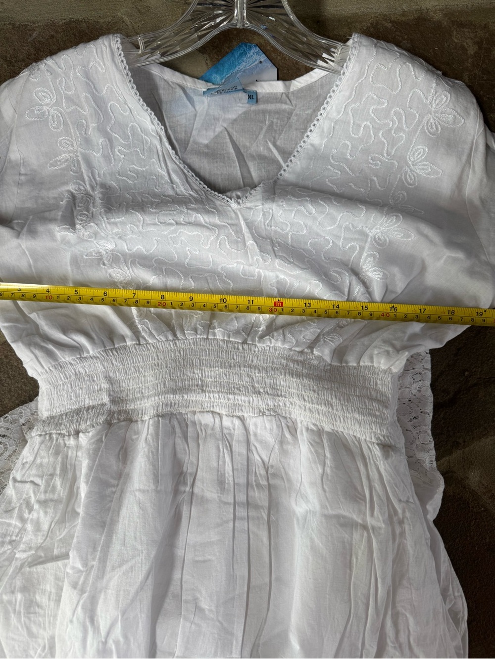 White Cotton V-Neck Embroidered Smocked Waist Sundress - Picture 4 of 7